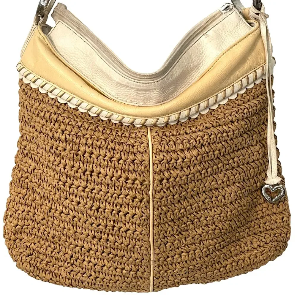 Brighton Vintage Straw Bag Womens Yellow & Ivory Leather Trim Hobo Shoulder